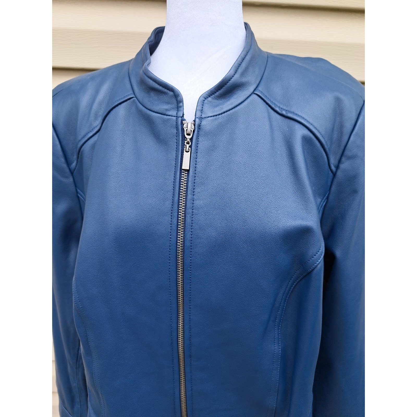 Denim & Co. Women's Navy Blue Leather Jacket Xlp Front Zipper Coat — image 7 of 8